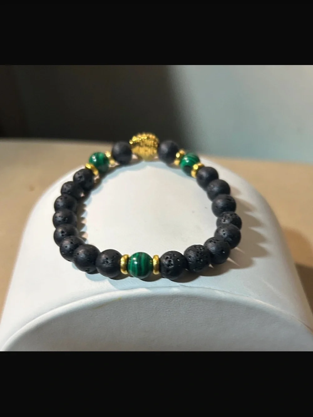 Gold Lion Head Bracelet with Black Lava and Green Beads